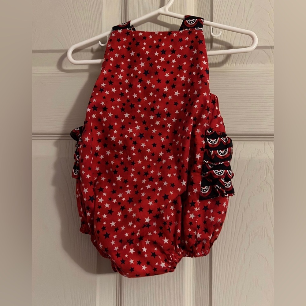 Ricrac & Ruffles bubble suit, romper, size 18 months, 4th of July, red, blue